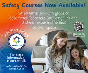 Banner announcing Safety Courses Now Available for Safe@Home (grades 4–6) and Safe Sitter Essentials (CPR/choking rescue); two girls study on a laptop with a QR code and logo nearby.